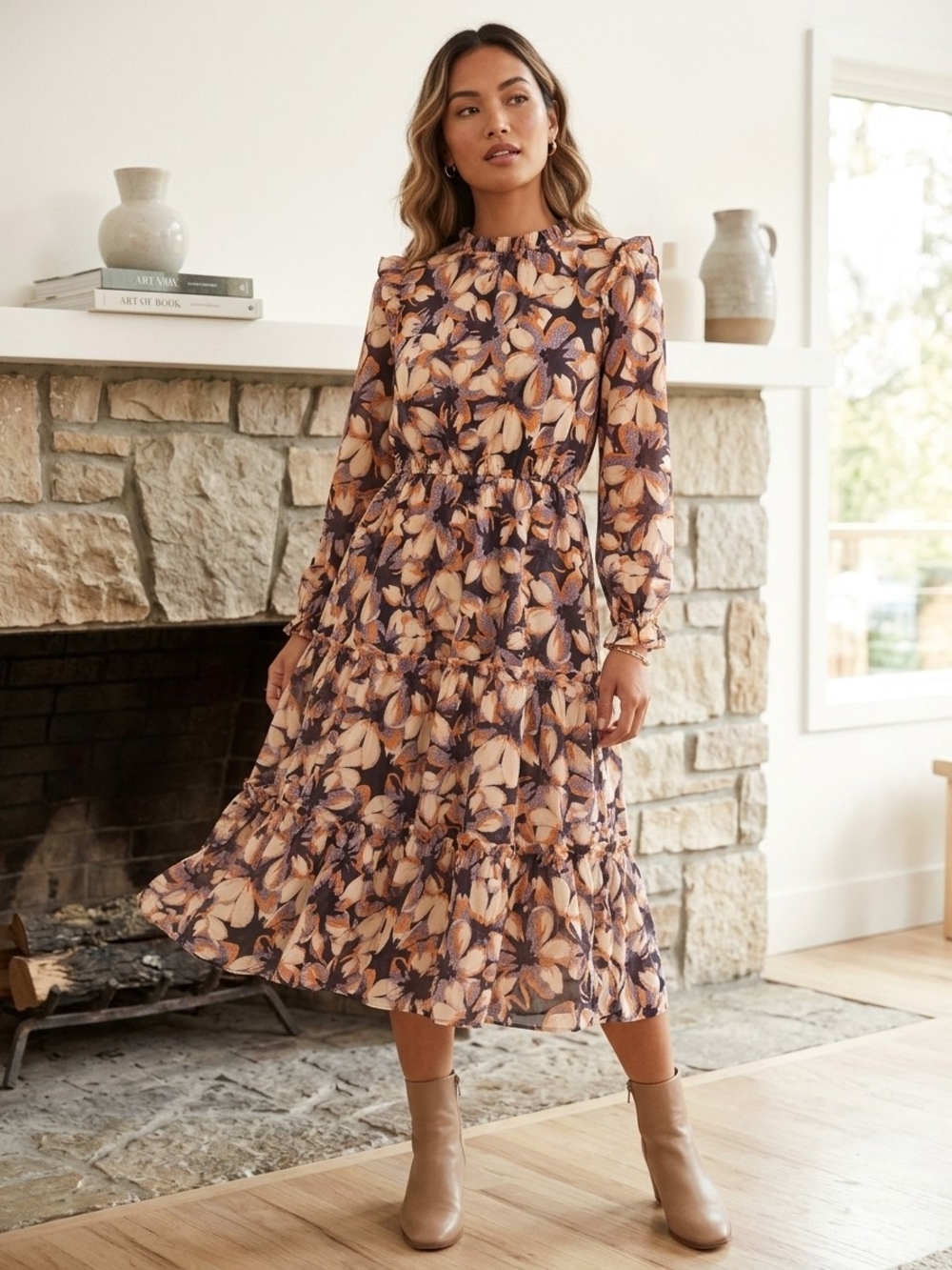 Hayden Los Angeles Floral Tiered Midi Dress in Peach & Navy